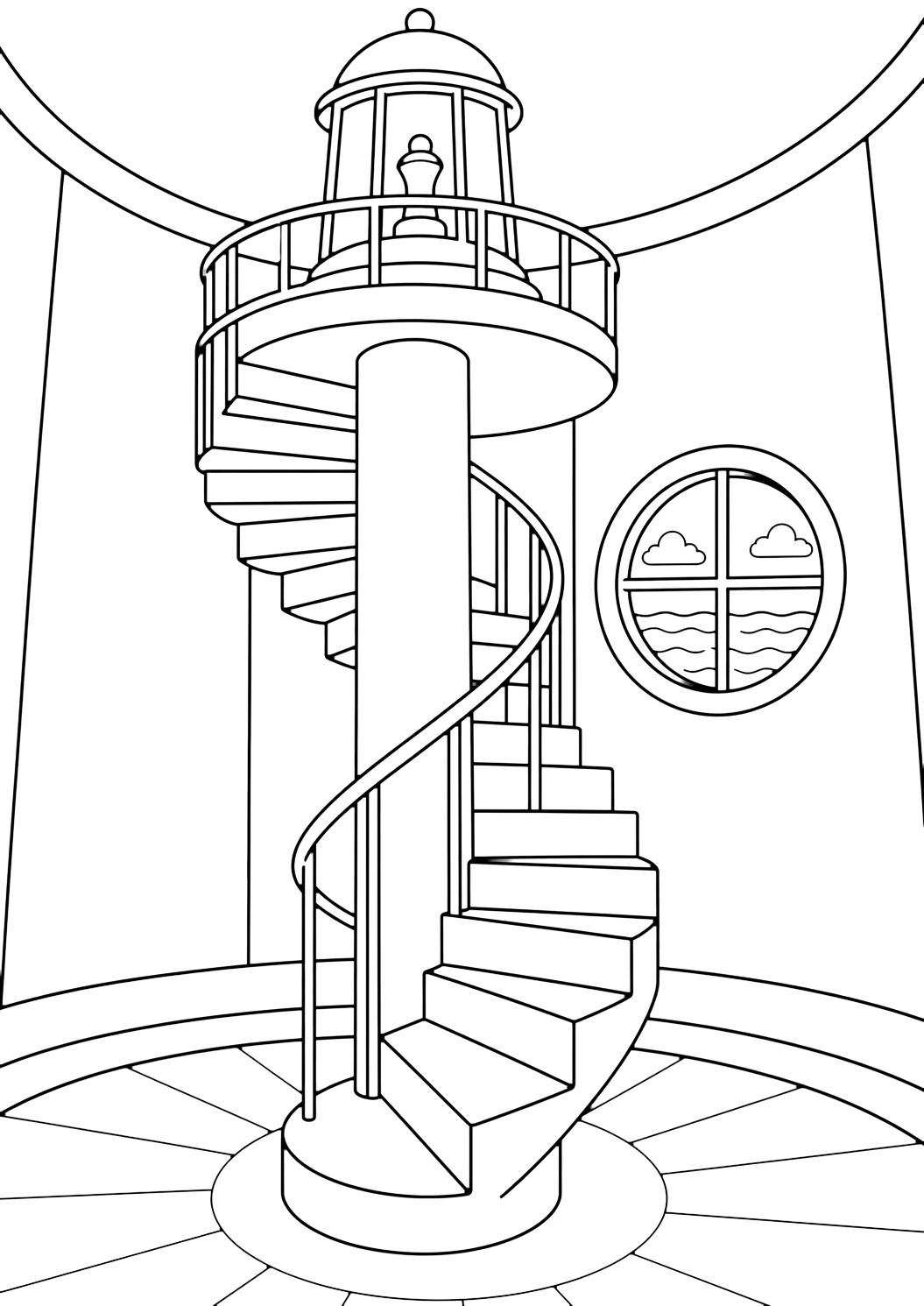 Coloriage de phare avec l'intérieur d'un phare avec un large escalier en colimaçon qui monte, une fenêtre ronde montrant l'horizon de l'océan, des rampes nettes et de grandes marches ouvertes. Idéal pour enfants, thèmes de la mer, impression et coloriage en ligne.
