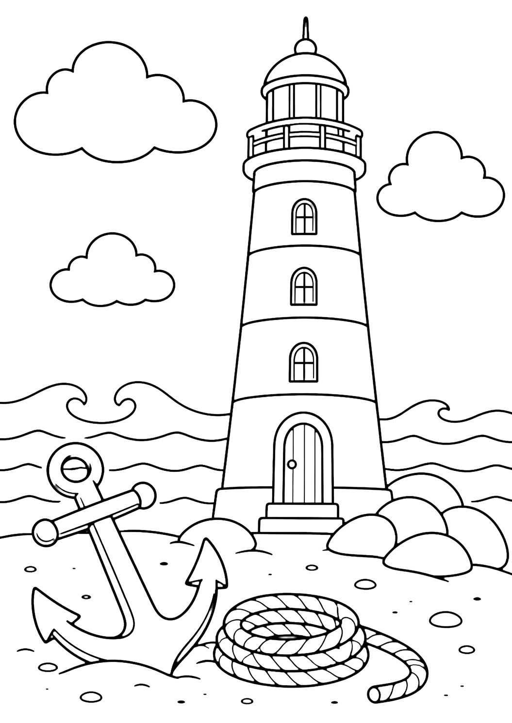 Dibujo de faro para colorear con un faro junto al océano con un ancla grande de barco sobre la arena del primer plano, una cuerda enrollada, olas suaves, rocas redondeadas, nubes amplias y cielo abierto. Ideal para niños, temas del mar, impresión y coloreado online.