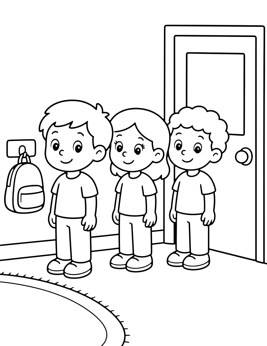 line up classroom rule coloring page with three smiling children standing in a neat line near a plain classroom door for kids