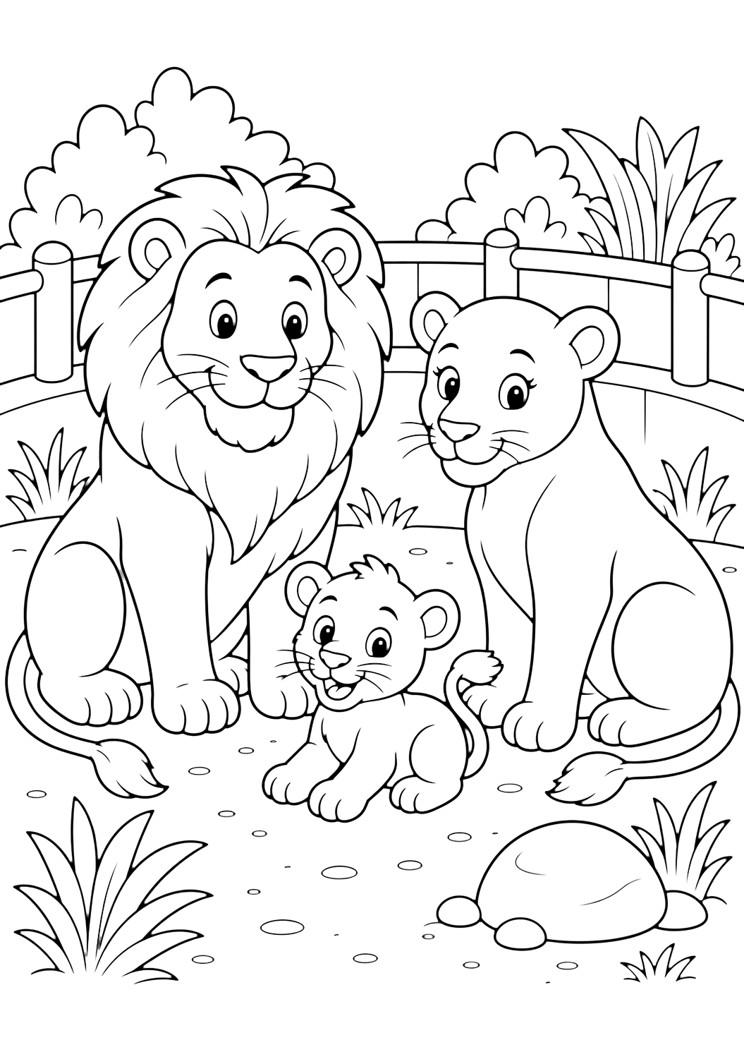 lion family at the zoo coloring page with a friendly zoo animal family scene