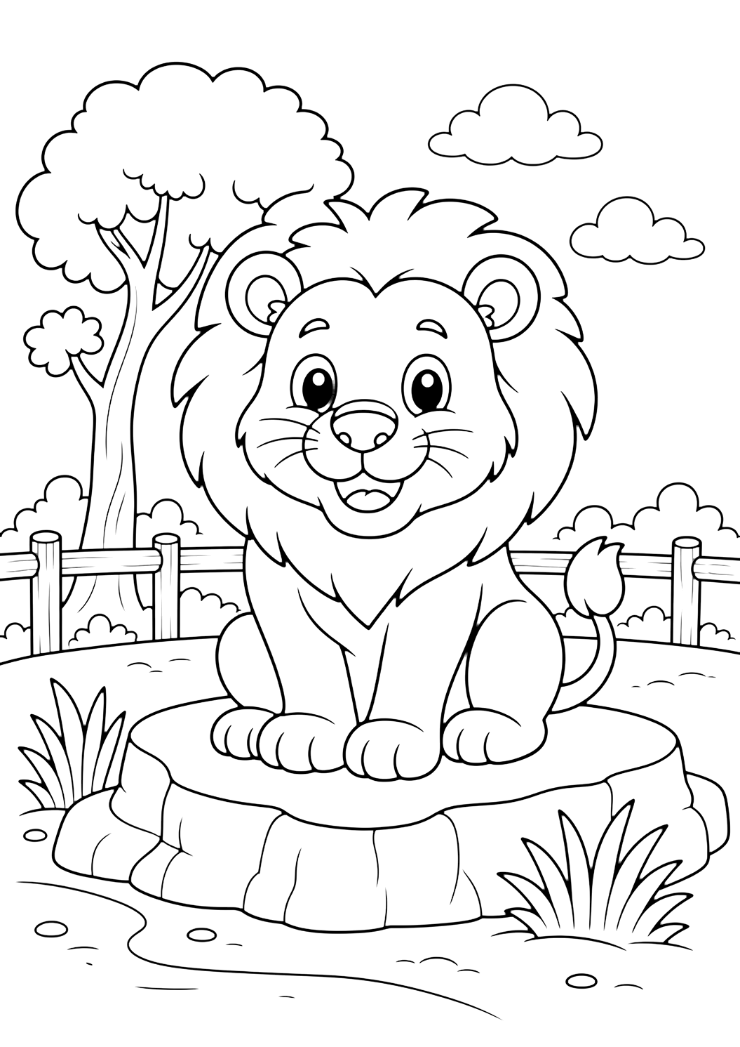 León en hábitat del zoo para colorear
