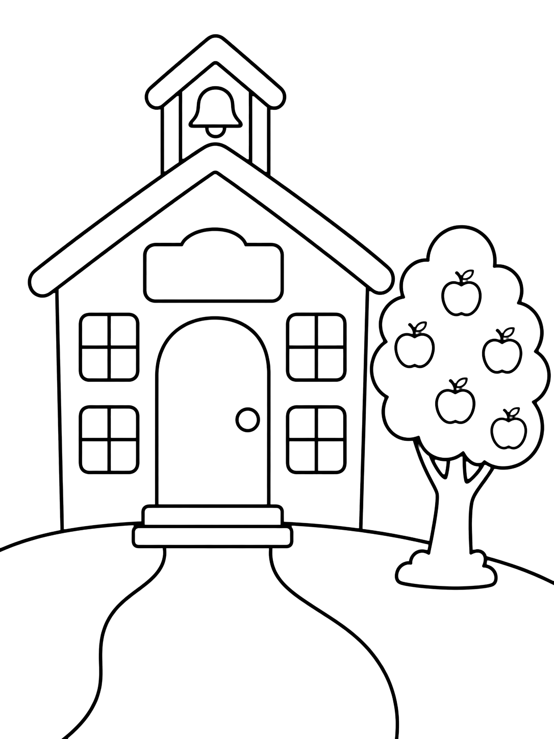 little schoolhouse coloring page with a cute little schoolhouse with a bell tower, blank sign, front door, simple windows, apple tree, and short path for kids