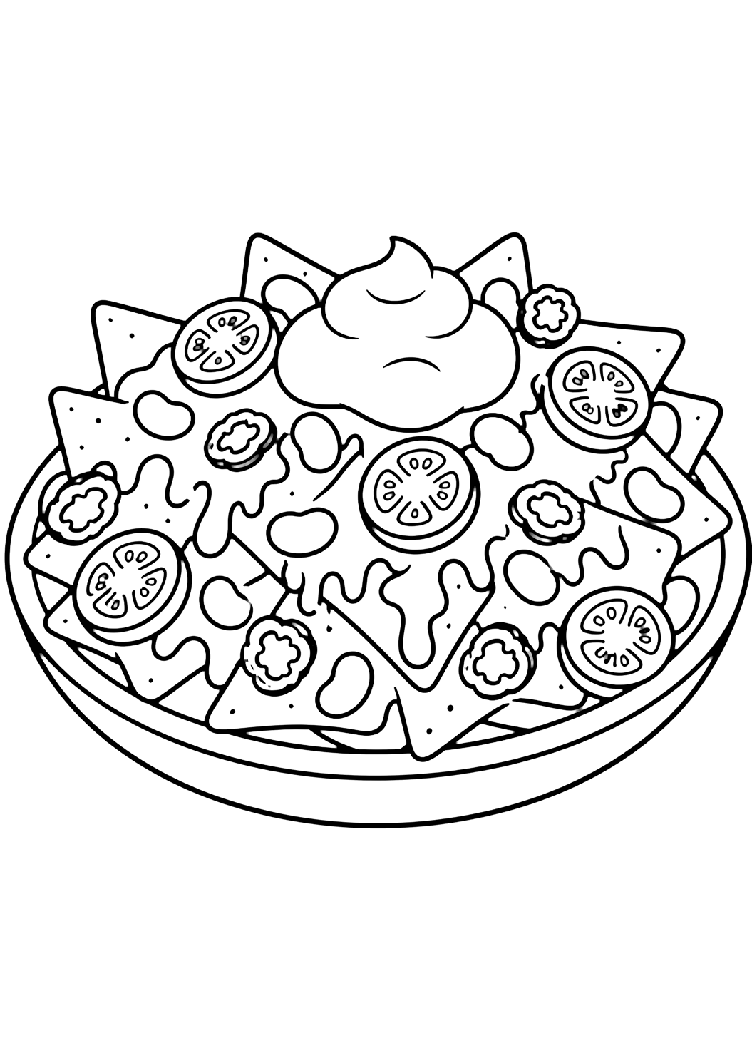 Snack-Ausmalbild mit einen flachen ovalen Teller mit dreieckigen Nacho-Chips und einfachen Toppings: Käsestreifen, Tomatenkreise, Bohnenovale, Pfefferringe und Sauerrahm. Geeignet für Kinder, Ausdrucke und Online-Ausmalen.