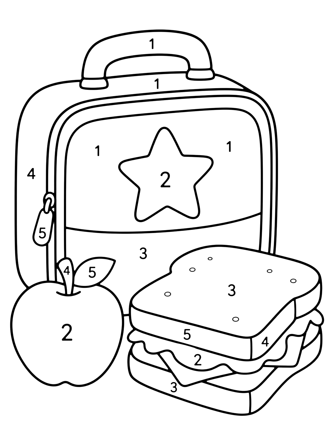 Disegno da colorare con un portapranzo arrotondato con una mela e una forma di panino, con grandi zone numerate da 1 a 5. Adatto a bambini, scuola, stampa e colorazione online.