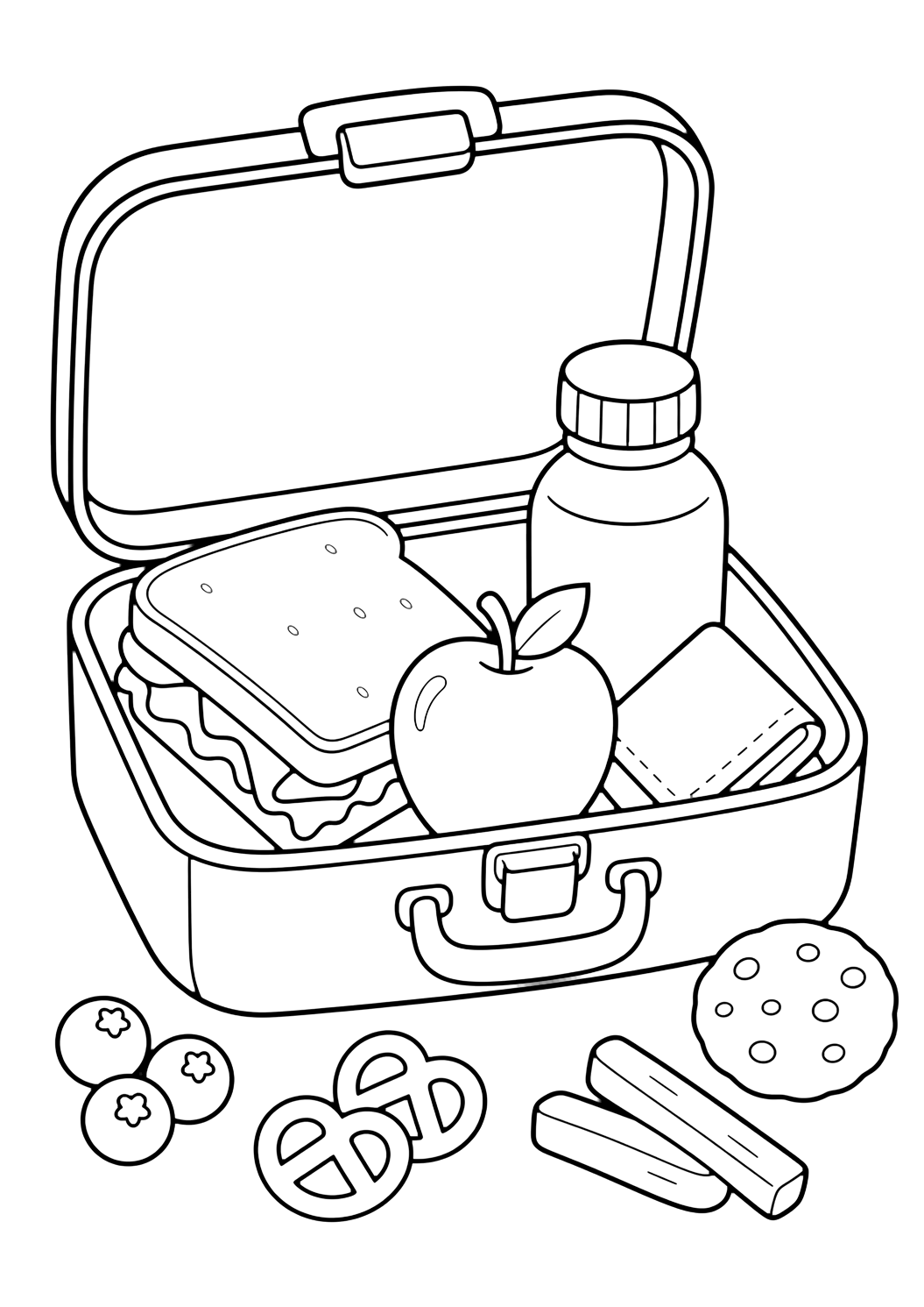 Coloriage avec une jolie boîte à lunch scolaire avec sandwich, pomme, petite bouteille, serviette et formes simples de goûter. Idéal pour enfants, rentrée scolaire, impression et coloriage en ligne.