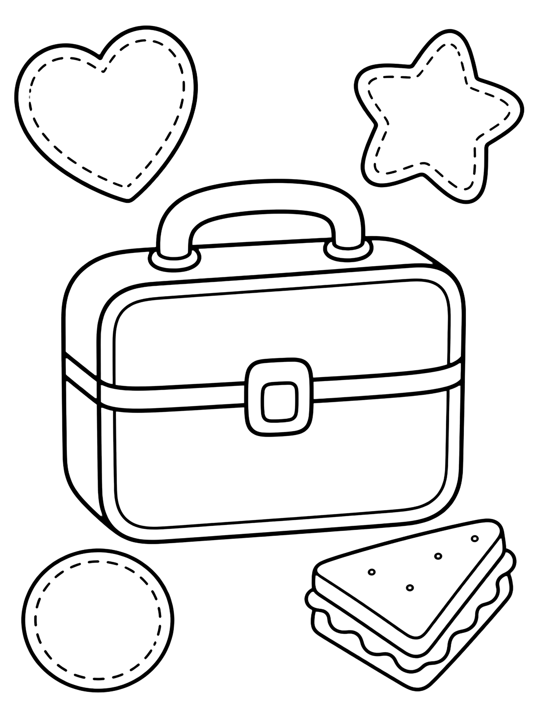 Coloriage avec le motif « boîte repas avec patchs doodle » avec une grande boîte repas et quelques grands éléments doodle. Idéal pour enfants, rentrée scolaire, impression et coloriage en ligne.