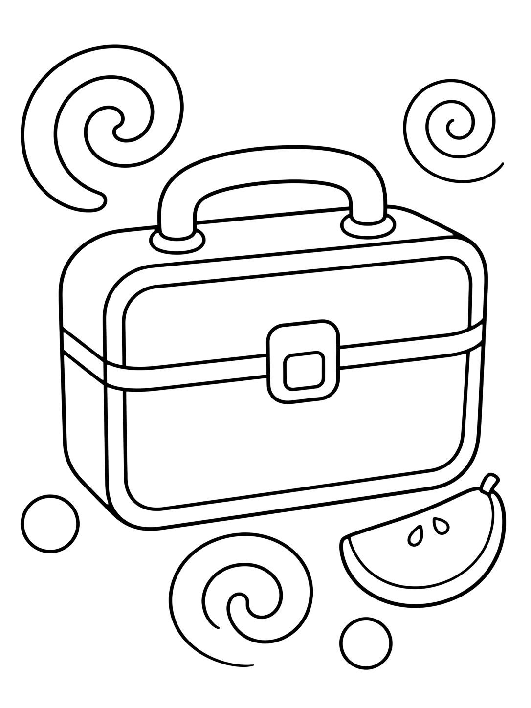 Картинка за оцветяване с мотива „кутия за обяд с doodle завъртулки“ с голяма кутия за обяд и няколко едри doodle елемента. Подходяща за деца, училищни занимания, принтиране и онлайн оцветяване.