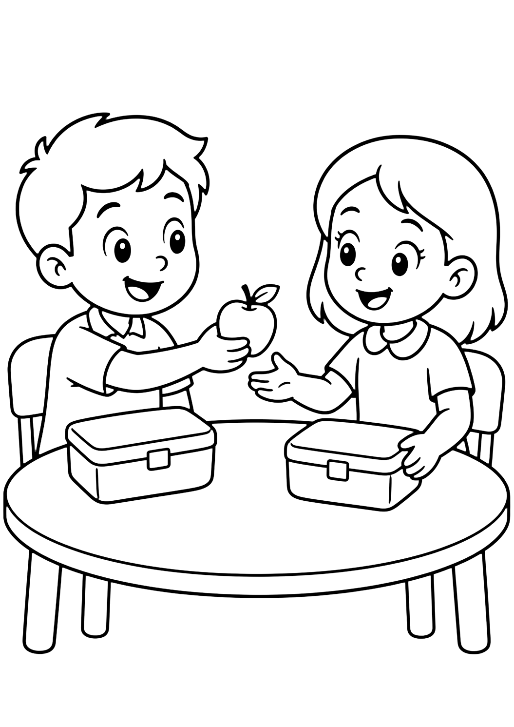 Ausmalbild mit Schulfreunden und zwei Schulfreunde an einem Mittagstisch mit zwei einfachen Brotdosen und einem Apfel. Geeignet für Kinder, Ausdrucke, Downloads und Online-Ausmalen.