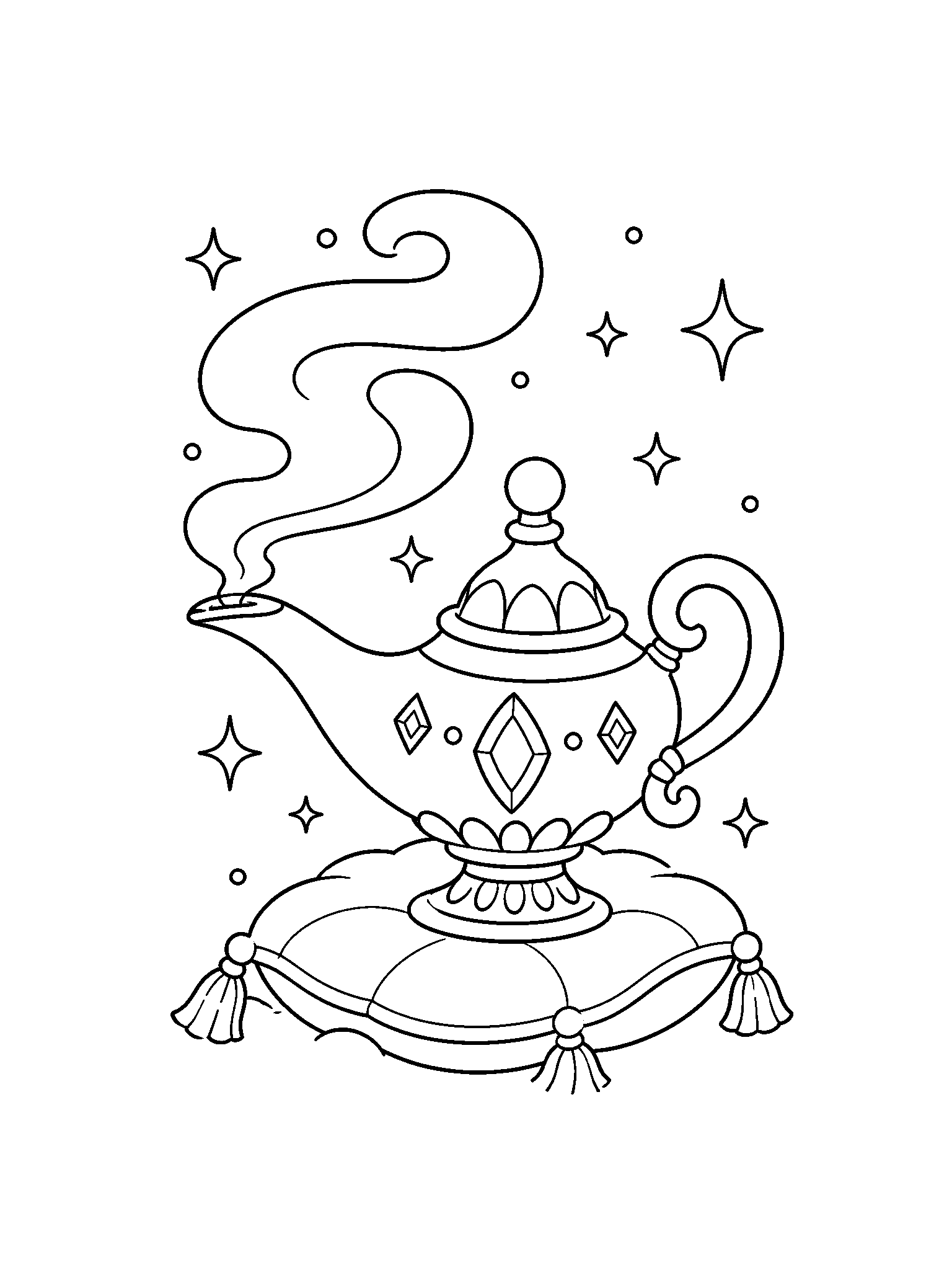 Dibujo de lámpara mágica para colorear con una gran lámpara mágica con pico curvo, asa, tapa, detalles de gemas, cojín, suave remolino de humo, estrellas y destellos. Ideal para niños, impresión, descarga y coloreado online.