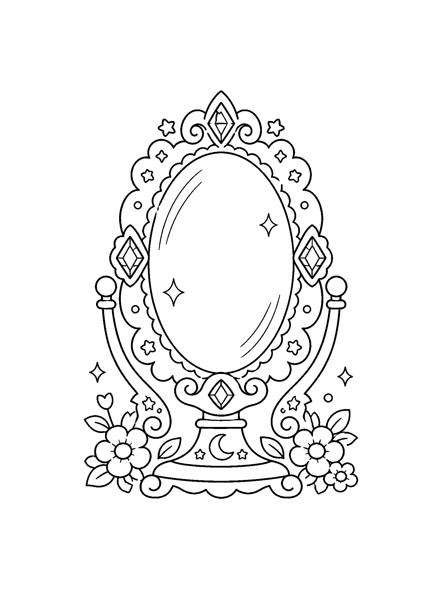 Coloriage de miroir magique avec un grand miroir magique décoré avec surface ovale vide, pierres précieuses, fleurs, étincelles et support simple. Idéal pour enfants, impression, téléchargement et coloriage en ligne.