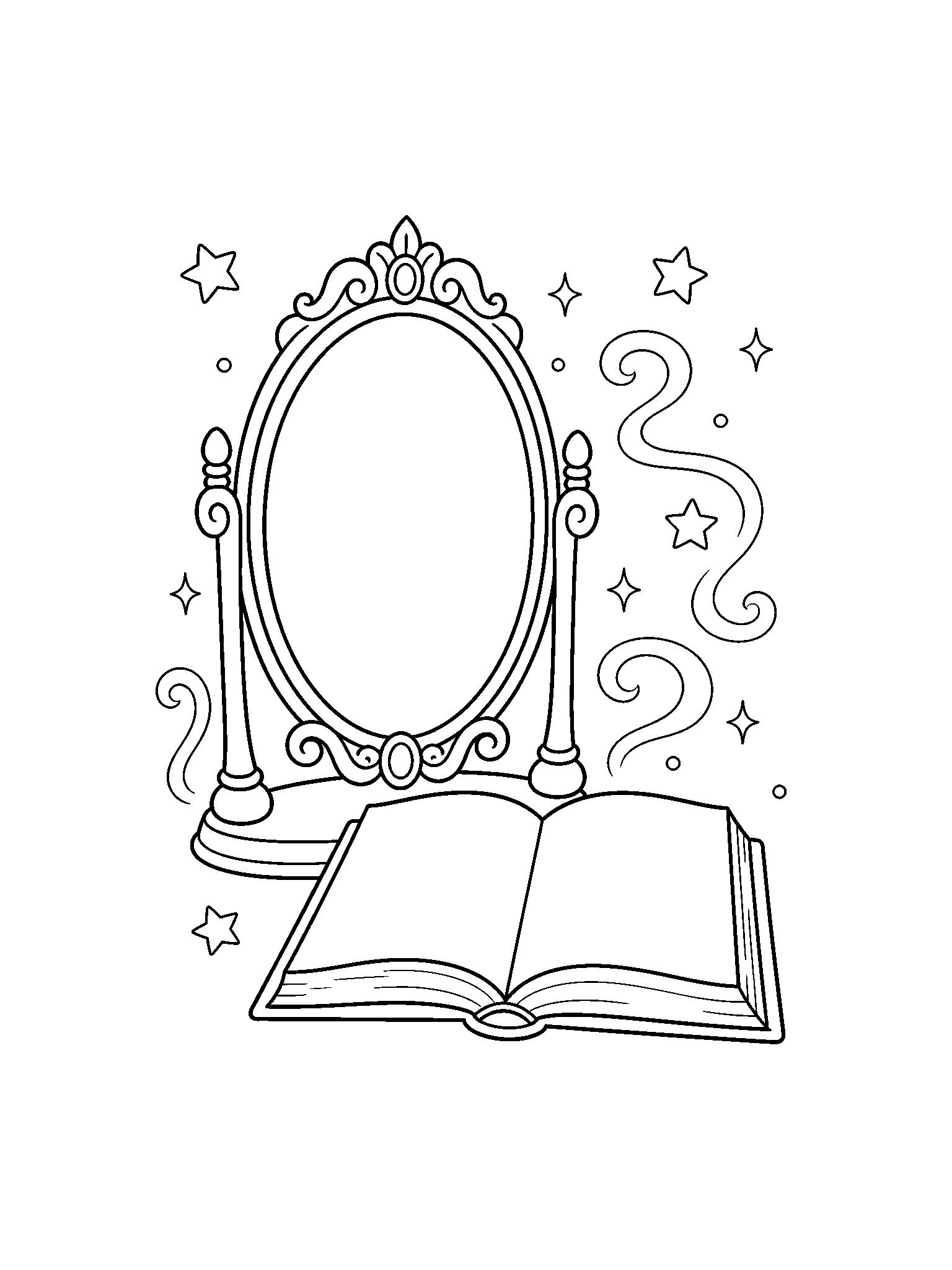 magic mirror and spell book coloring page with clean magic mirror line art for kids