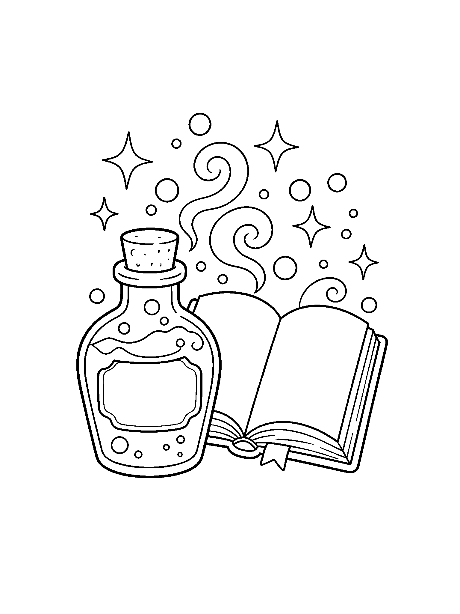 Картинка за оцветяване с магическа отвара и книга със заклинания: закръглена бутилка с магическа отвара и празен етикет до отворена книга със заклинания с празни страници, мехурчета, звезди и магически спирали. Подходяща за деца, принтиране, изтегляне и онлайн оцветяване.