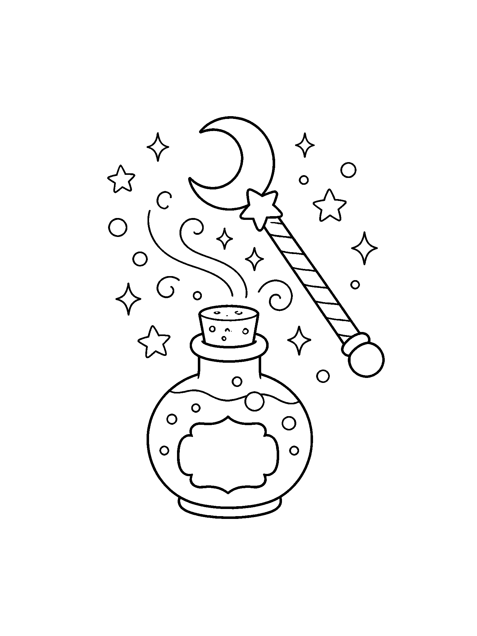magic wand and potion bottle coloring page with clean magic wand line art for kids