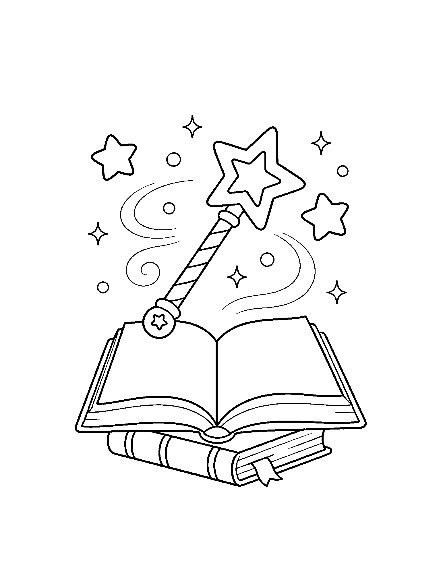 Ausmalbild mit Zauberstab und Zauberbuch: einen Zauberstab mit Sternspitze über einem offenen Zauberbuch mit leeren Seiten, einem geschlossenen Buch darunter, Sternen und Zauberwirbeln. Geeignet für Kinder, Ausdrucke, Downloads und Online-Ausmalen.