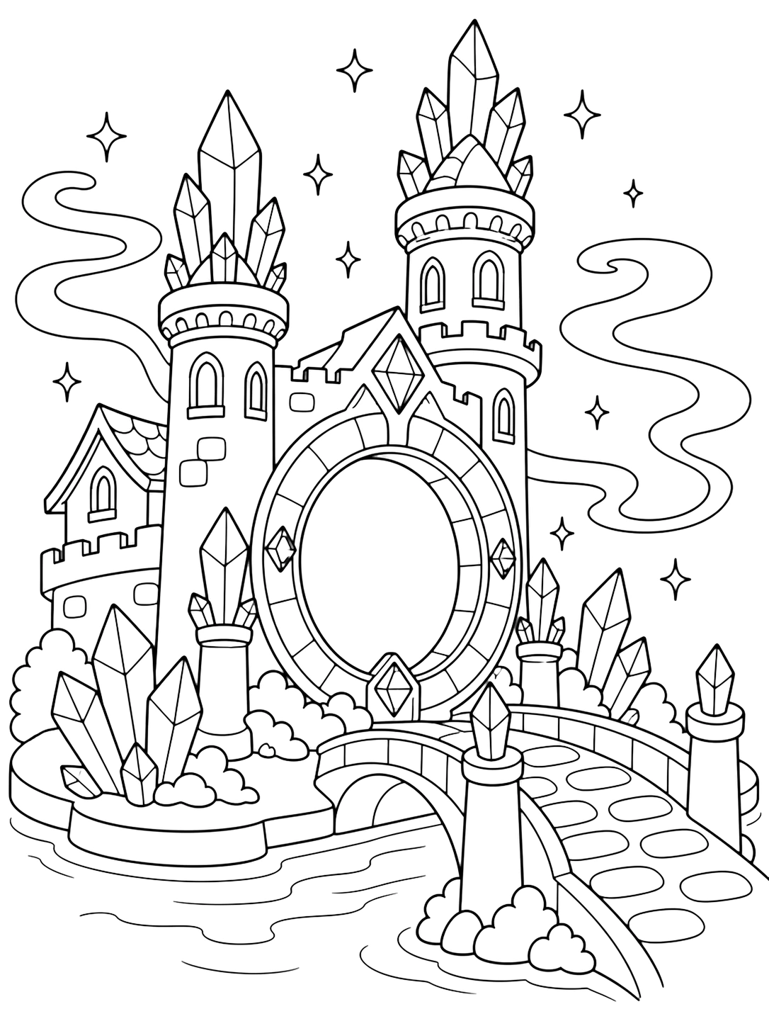 Castillo mágico con portal de cristal para colorear