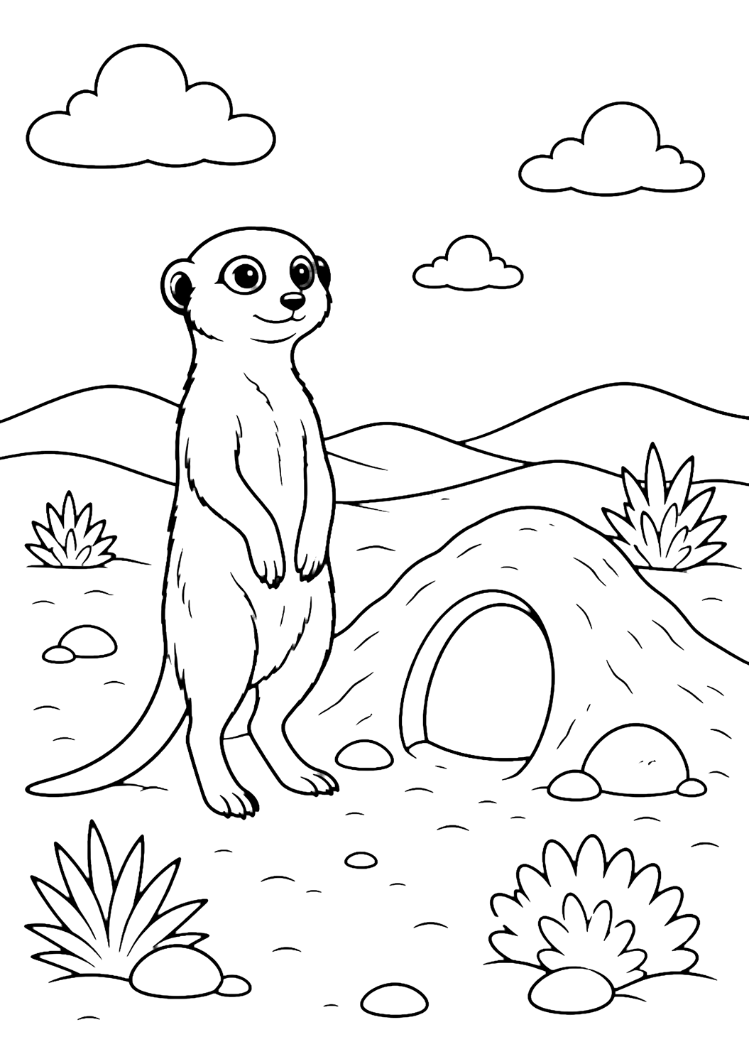 Ausmalbild mit einem Wüstentier und erdmännchen in der wüste in einer einfachen Wüstenszene mit Sand, runden Steinen, kleinen Pflanzen und offenem Himmel. Geeignet für Kinder, Naturthemen, Ausdrucke und Online-Ausmalen.