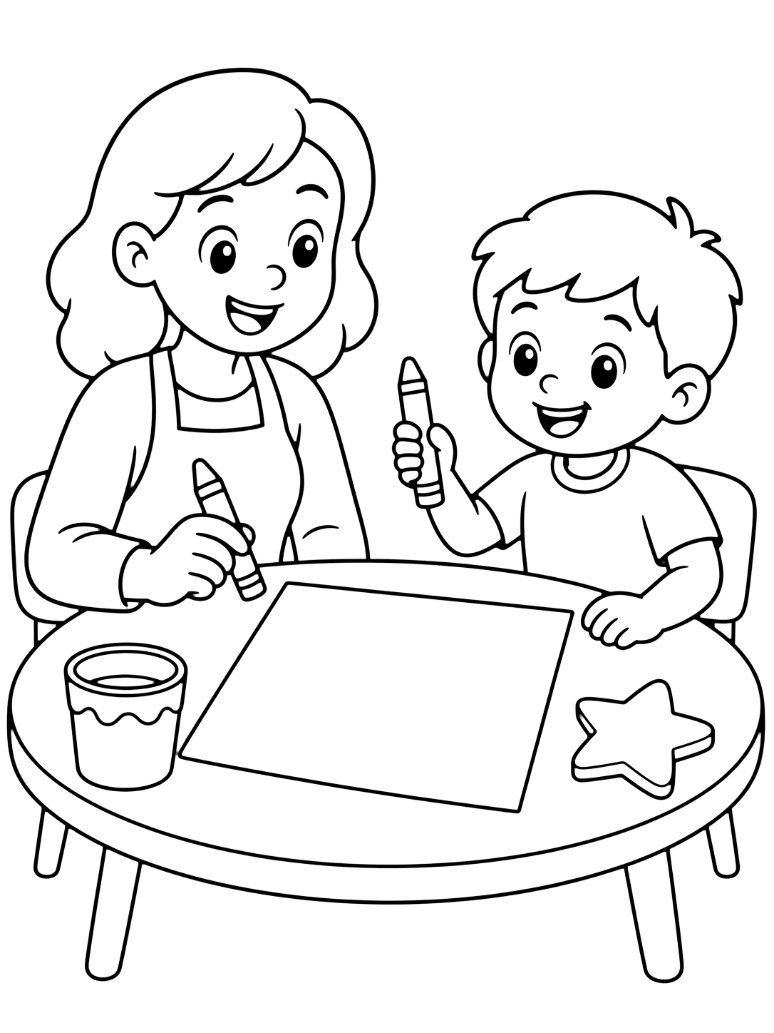 meet the teacher art table coloring page with a teacher and child at a round art table with crayons, a blank paper sheet, a cup, and one large star for kids