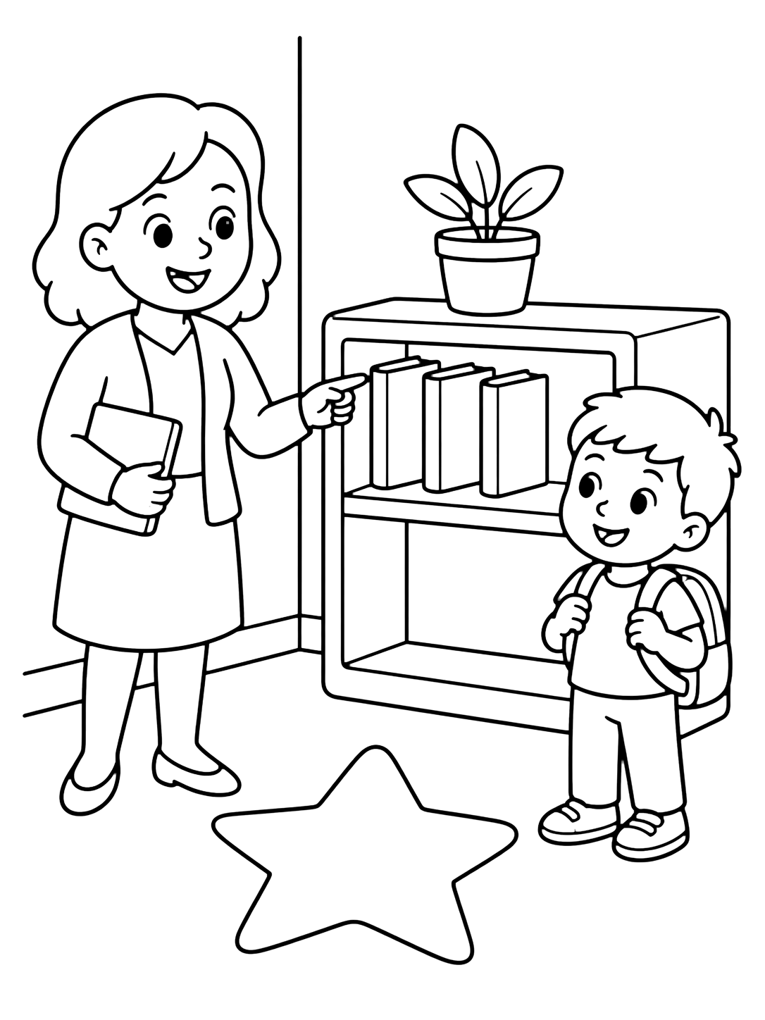 Coloriage pour rencontrer la maîtresse avec une maîtresse montre une petite étagère avec livres sans titre, plante, enfant avec sac et grande étoile. Idéal pour enfants, accueil scolaire, impression et coloriage en ligne.