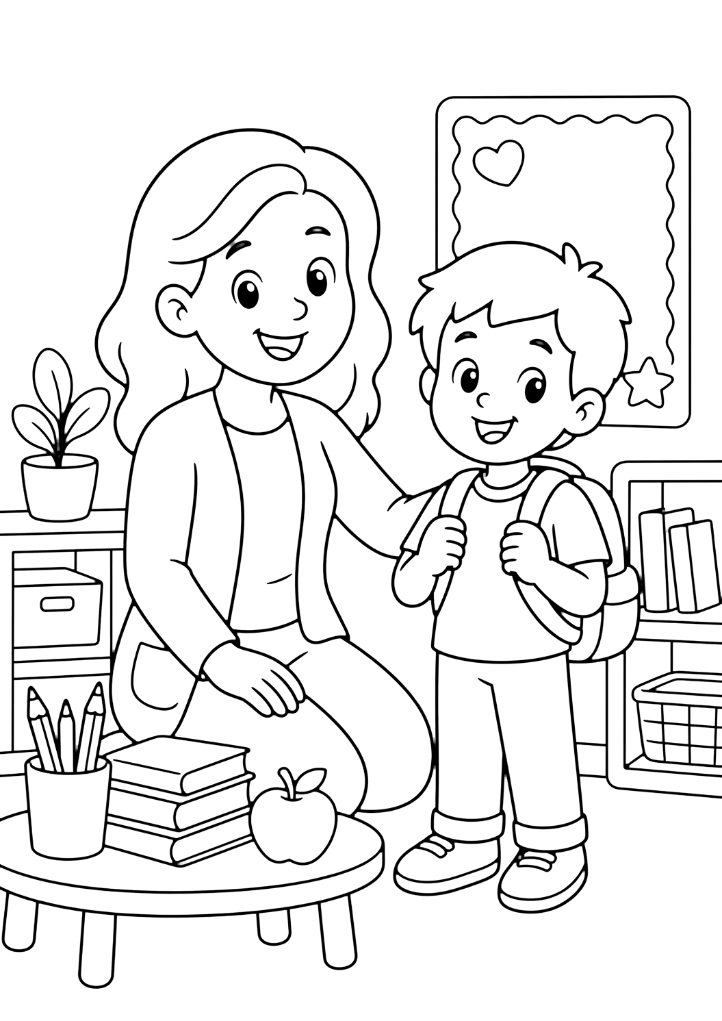 Coloriage avec une enseignante souriante près d'un enfant dans un coin de classe, avec une table, une pomme, des crayons et des livres. Idéal pour enfants, rentrée scolaire, impression et coloriage en ligne.