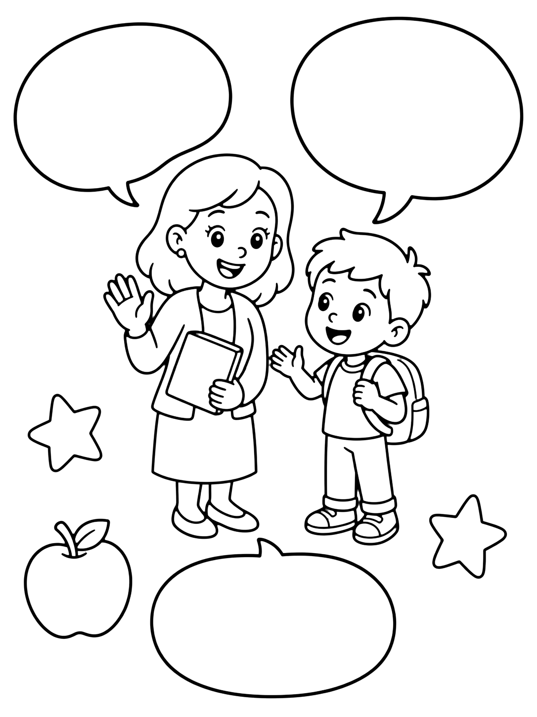 Картинка „Запознай се с учителя“ с учител и дете с три големи празни балончета за разговор, прости ябълки, звезди и много свободно място. Подходяща за деца, първи учебен ден, принтиране и онлайн оцветяване.