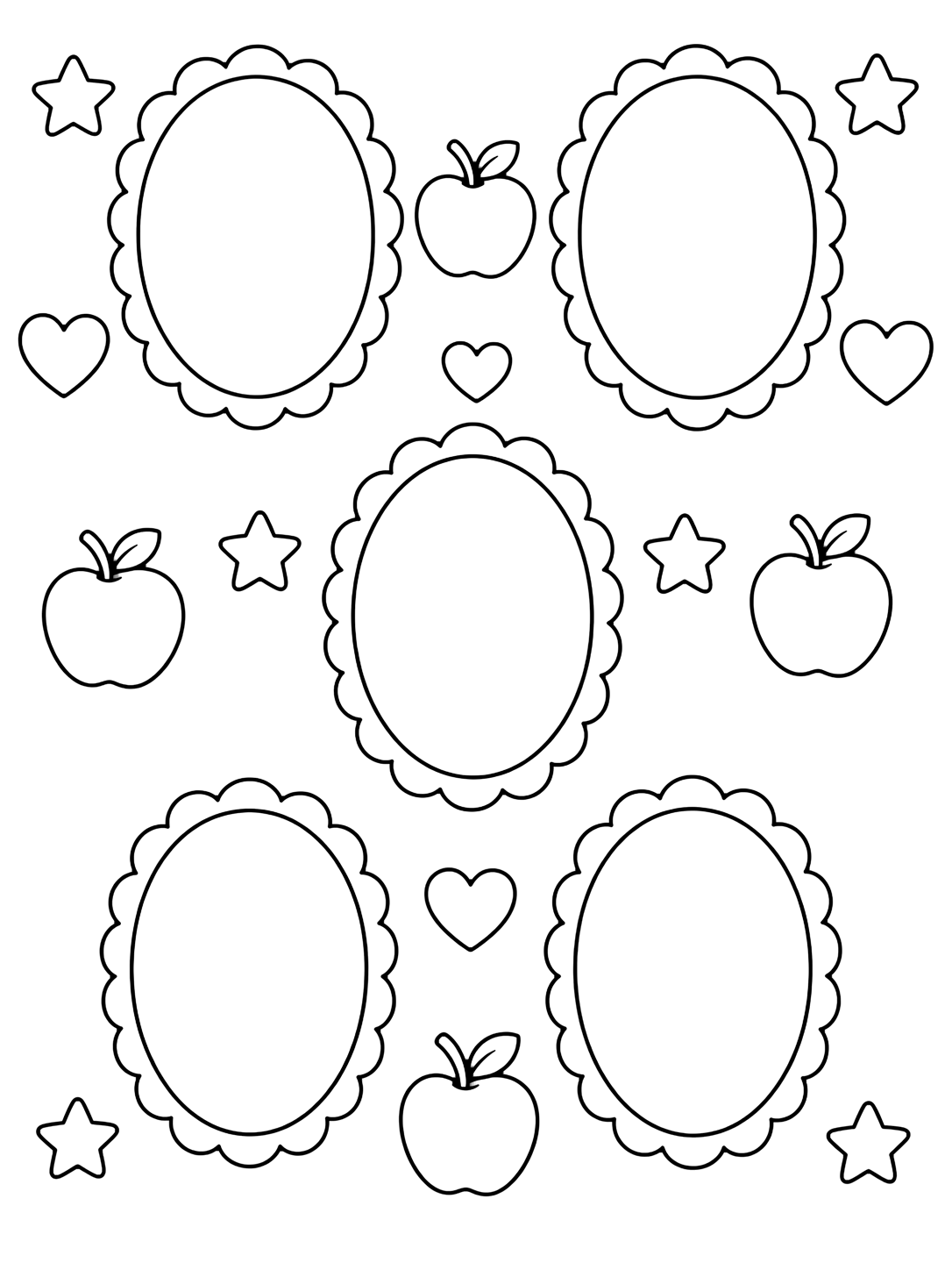 Disegno per conoscere l'insegnante con sei grandi cornici ritratto vuote in un motivo semplice con mele, cuori e stelle. Adatto a bambini, accoglienza, stampa e colorazione online.