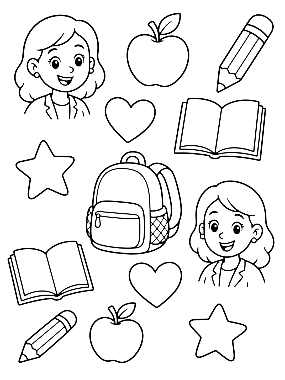 meet the teacher school icons pattern coloring page with a loose pattern of large teacher and school icons: teacher face, apple, pencil, open book, backpack, heart, and star for kids