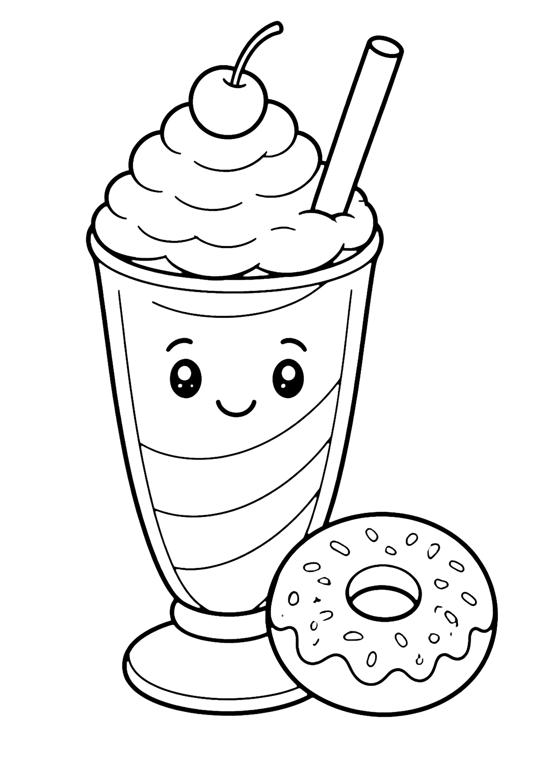 yanında donut olan, krem şantili, üstünde kirazlı, geniş pipetli, kremalı sade yuvarlak donutlu, yumuşak milkshake kıvrımlı ve bardağında gülümseyen yüzlü bir milkshake bardağı içeren milkshake boyama sayfası. Çocuklar, yazdırma ve çevrim içi boyama için uygundur.