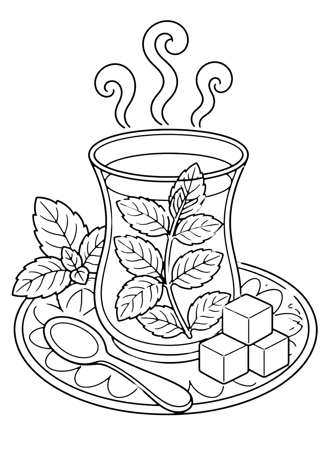 Coloriage de thé avec un verre transparent de thé à la menthe avec brins de menthe fraîche, morceaux de sucre, petite cuillère, vapeur et soucoupe à motif simple. Idéal pour enfants, impression et coloriage en ligne.