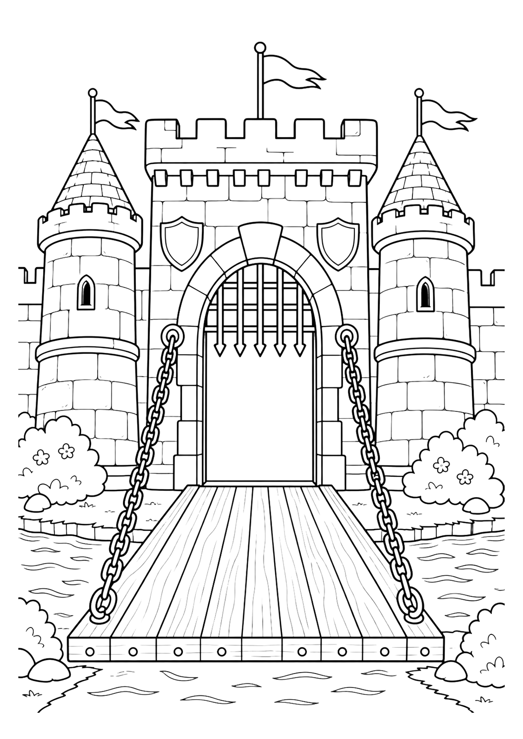 moat drawbridge medieval castle coloring page with clean medieval castle line art for kids