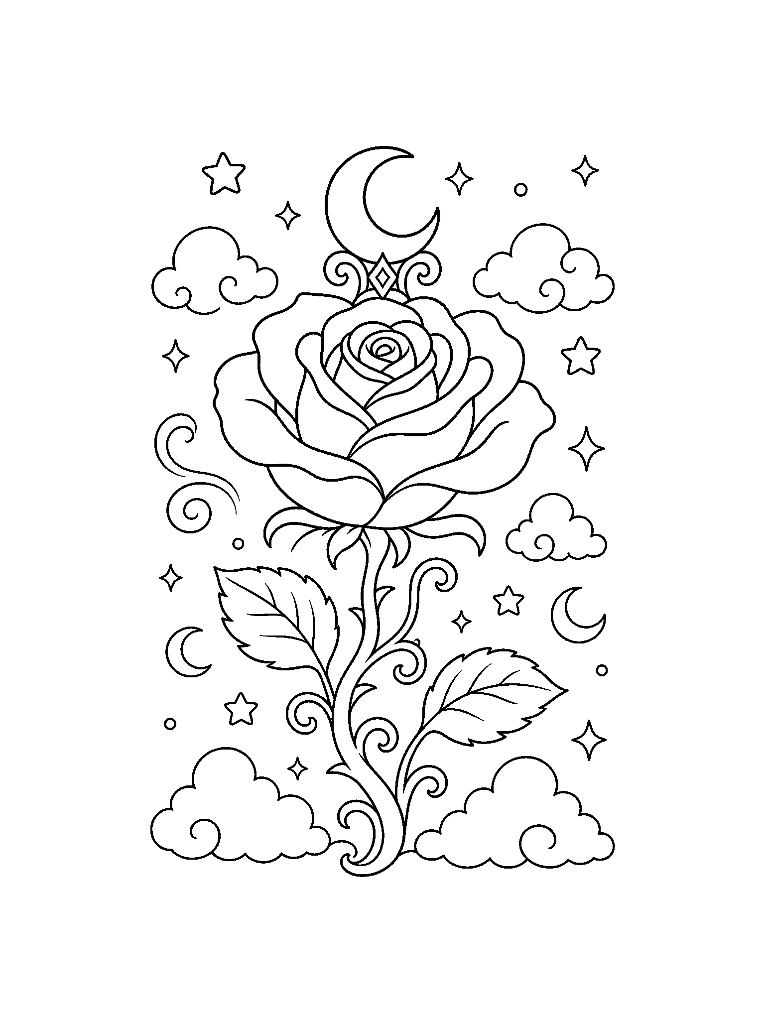 moon enchanted rose coloring page with clean enchanted rose line art for kids