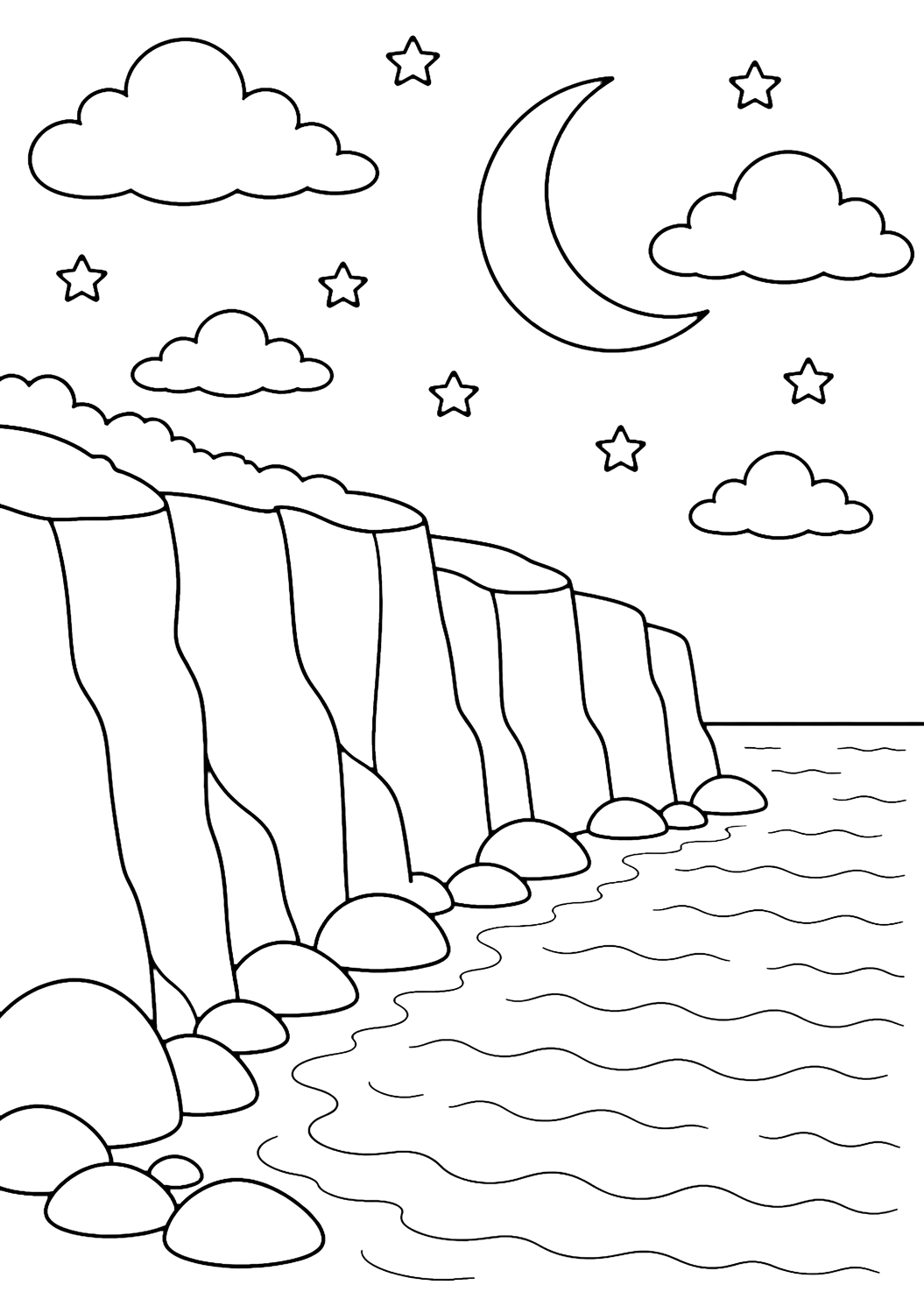 the moon over ocean cliffs coloring page with a crescent moon above tall ocean cliffs and the sea, with cliff shapes drawn as open outlines, simple wave curves below, a few large stars, broad clouds, and open sky for kids