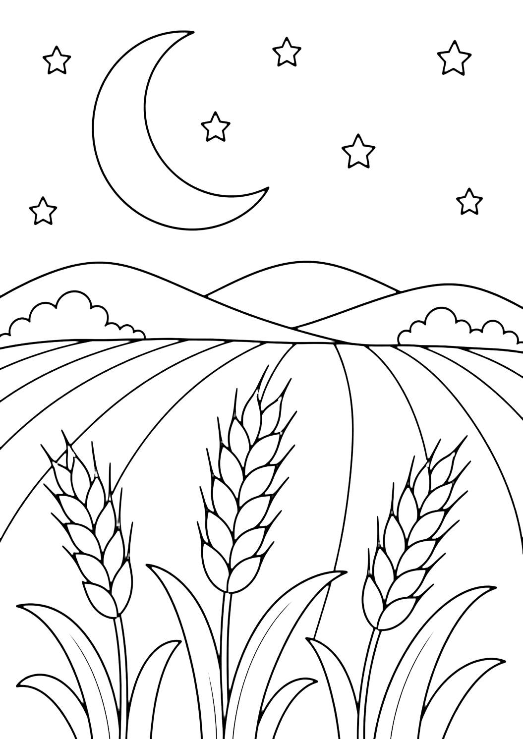 moonlit wheat field coloring page with a large crescent moon and simple stars above a calm wheat field, foreground wheat stalks, low hill lines, small clouds, and a clean white sky left open for coloring for kids