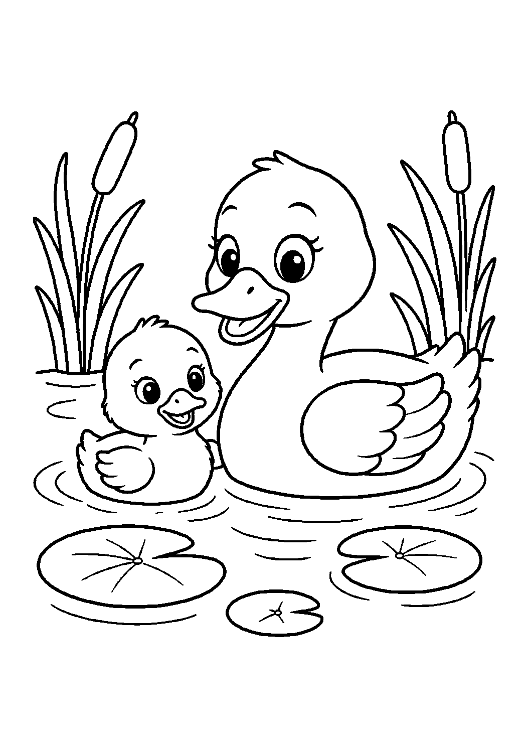 mother duck and duckling coloring page with simple mother and baby animal line art for kids