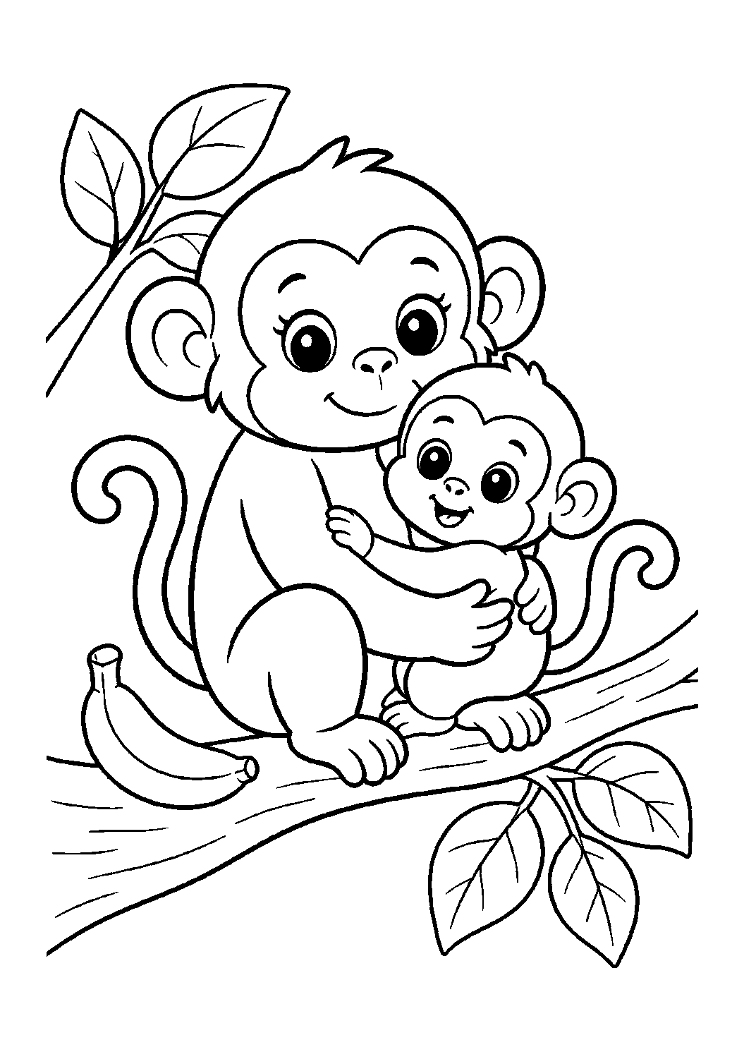 mother monkey and baby coloring page with simple mother and baby animal line art for kids