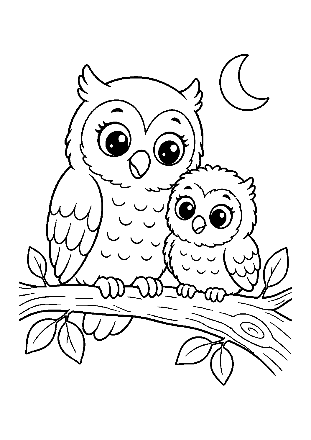 mother owl and owlet coloring page with simple mother and baby animal line art for kids