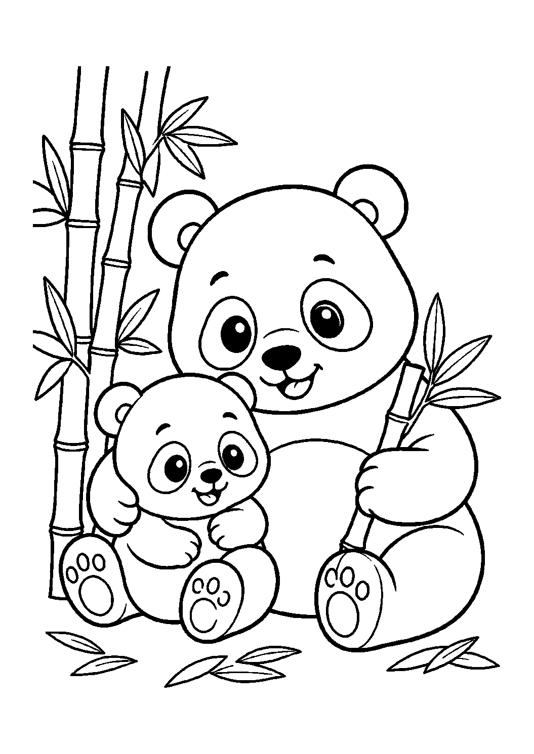 mother panda and cub coloring page with simple mother and baby animal line art for kids