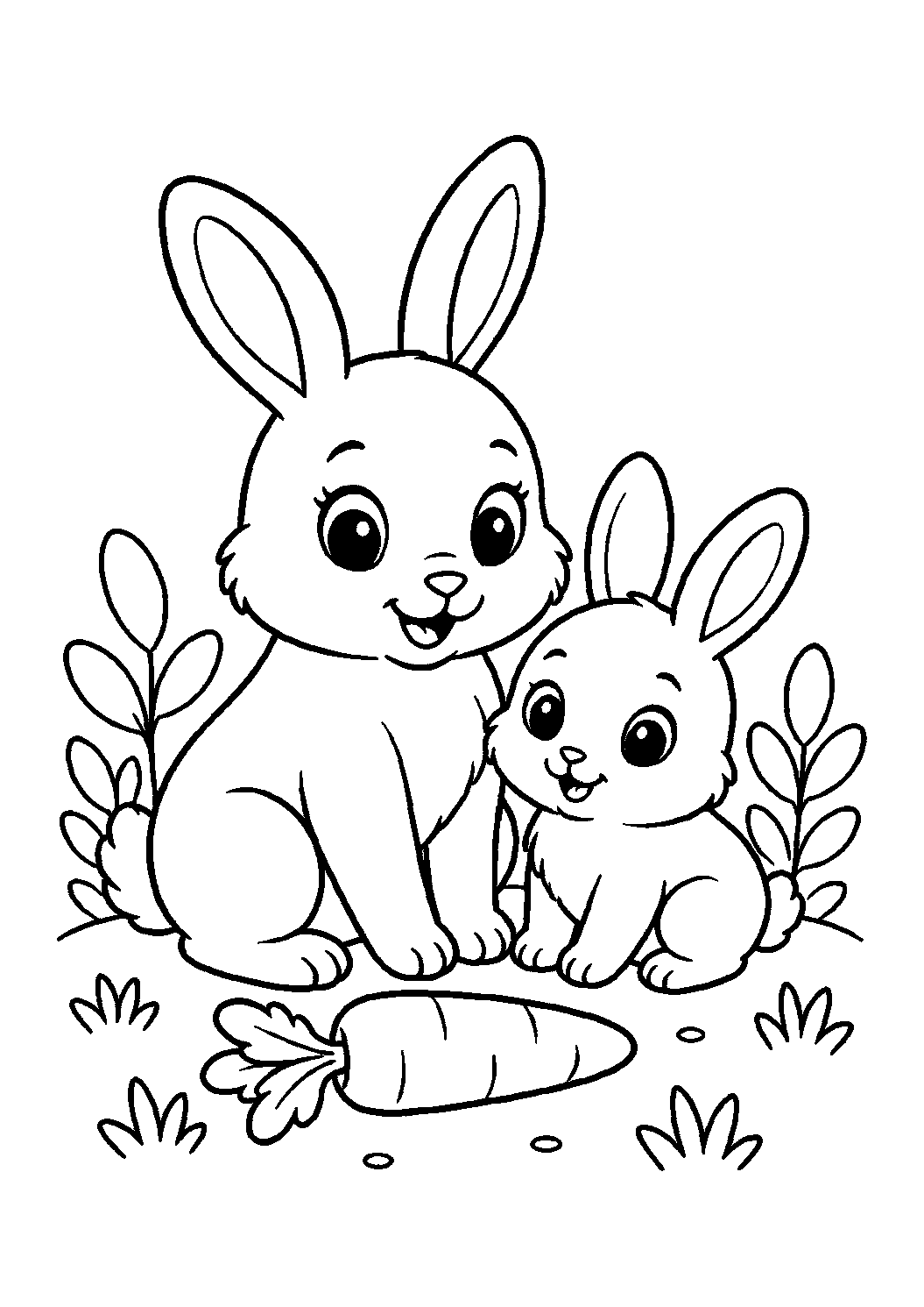 mother rabbit and bunny coloring page with simple mother and baby animal line art for kids