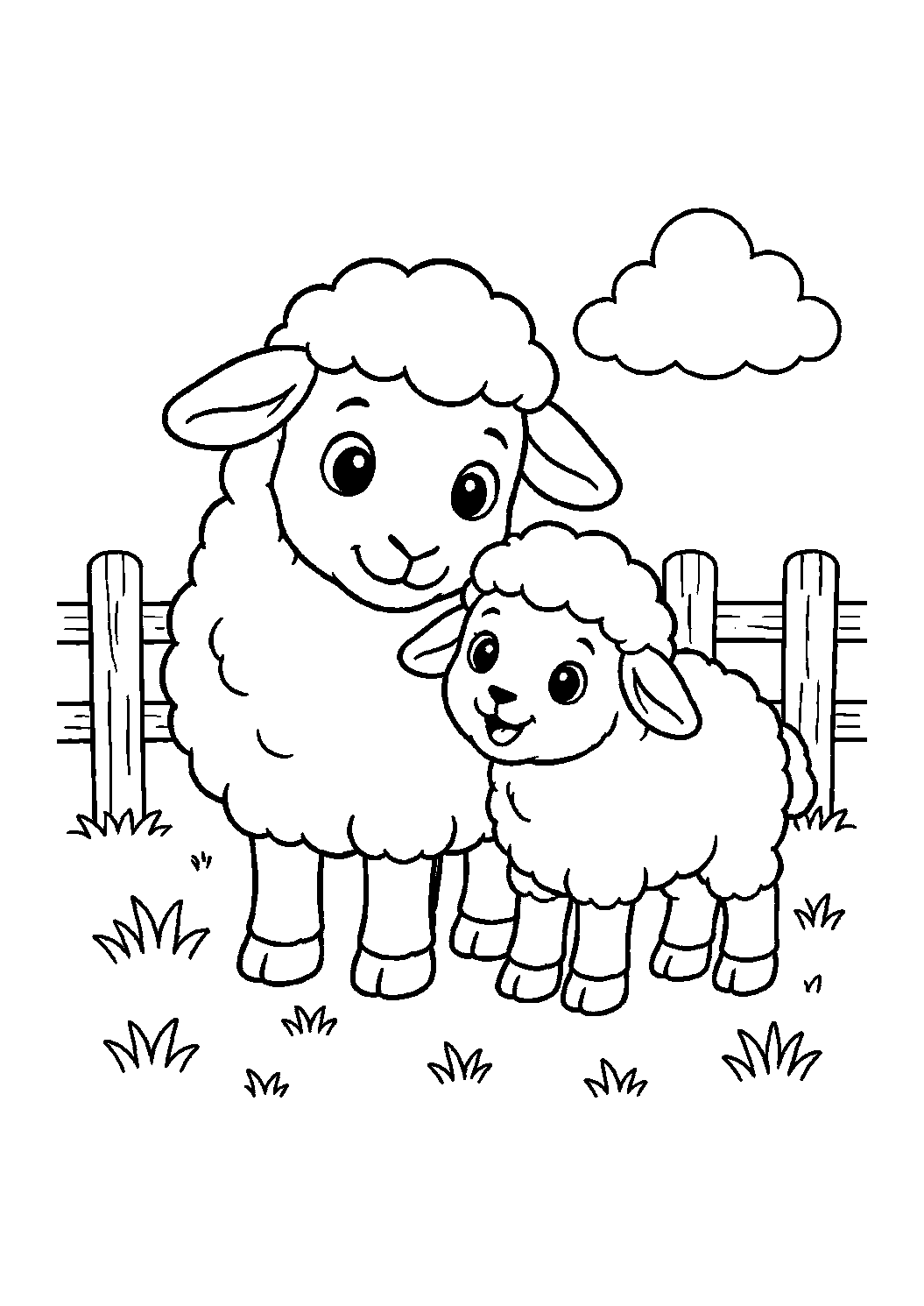 mother sheep and lamb coloring page with simple mother and baby animal line art for kids