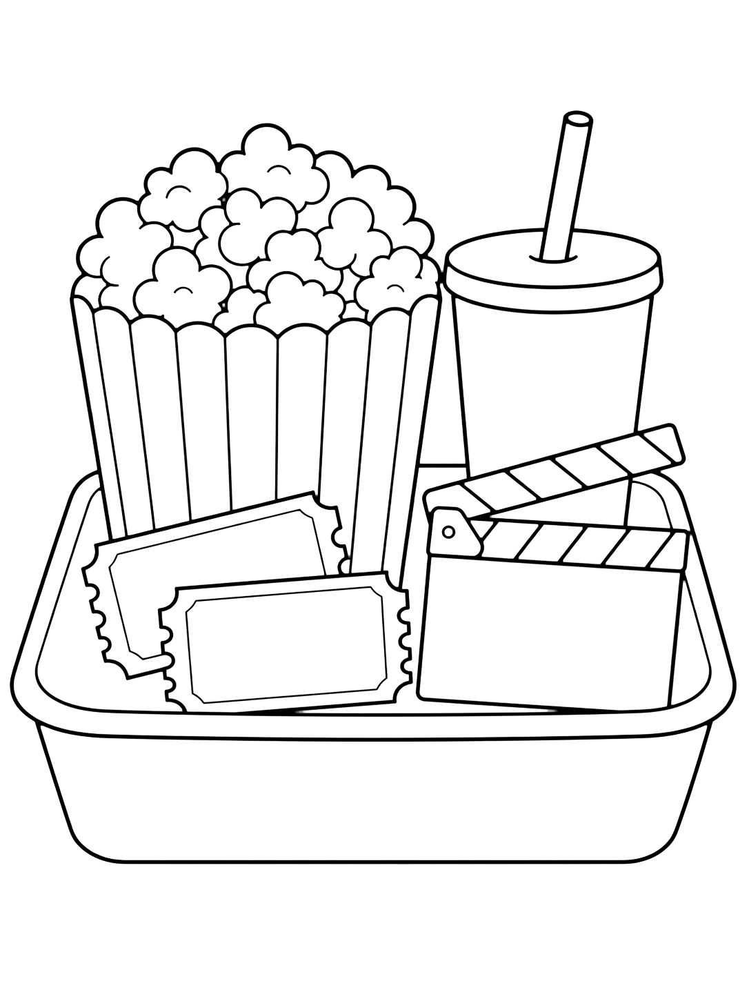 movie night popcorn tray coloring page with simple popcorn line art for kids