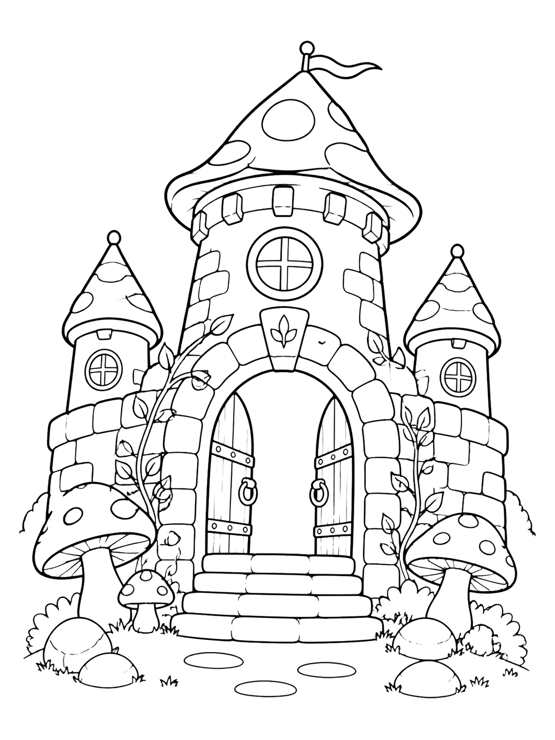Disegno di castello fantasy con porta a fungo da colorare con un primo piano del portale di un castello fantasy con una larga torre centrale, due piccole torrette laterali, grande ingresso ad arco, gradini massicci, finestre rotonde, tetti a fungo e semplici tralci. Adatto a bambini, stampa, download e colorazione online.