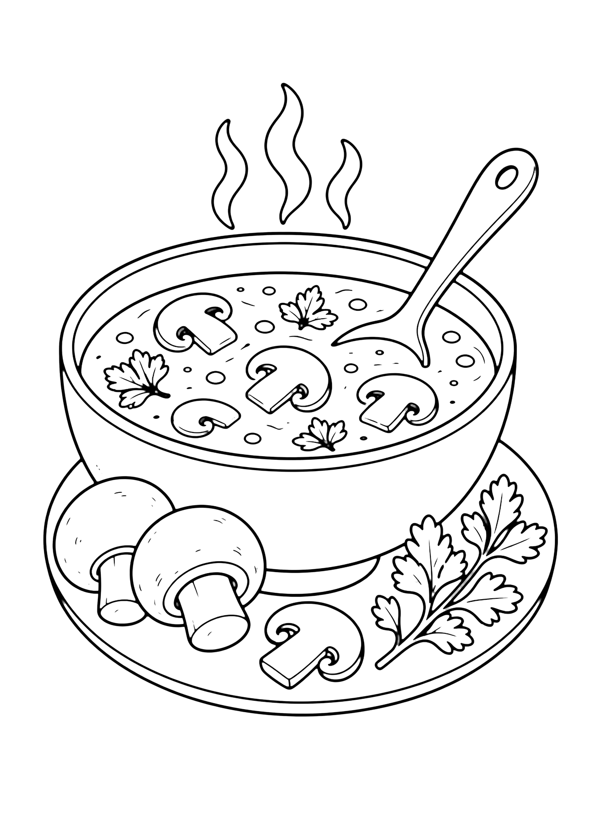 Página de sopa para colorear con un cuenco de sopa de champiñones con cuchara, láminas de champiñón flotando arriba, champiñones enteros, perejil y vapor. Ideal para niños, imprimir y colorear online.