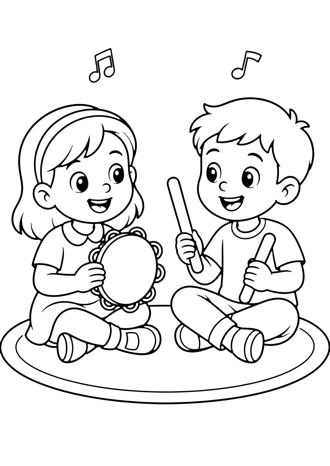 Ausmalbild mit Schulfreunden und zwei Schulfreunde, die mit Tamburin und Rhythmusstäben auf einem Teppich sitzen. Geeignet für Kinder, Ausdrucke, Downloads und Online-Ausmalen.