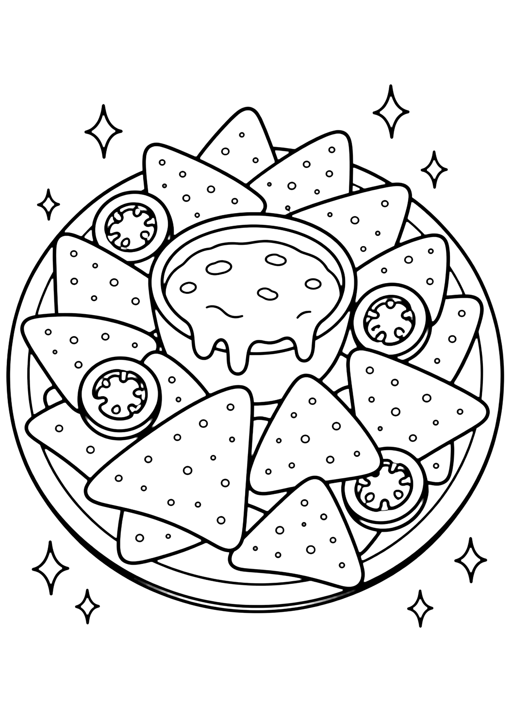 nachos platter coloring page with simple nachos line art for kids