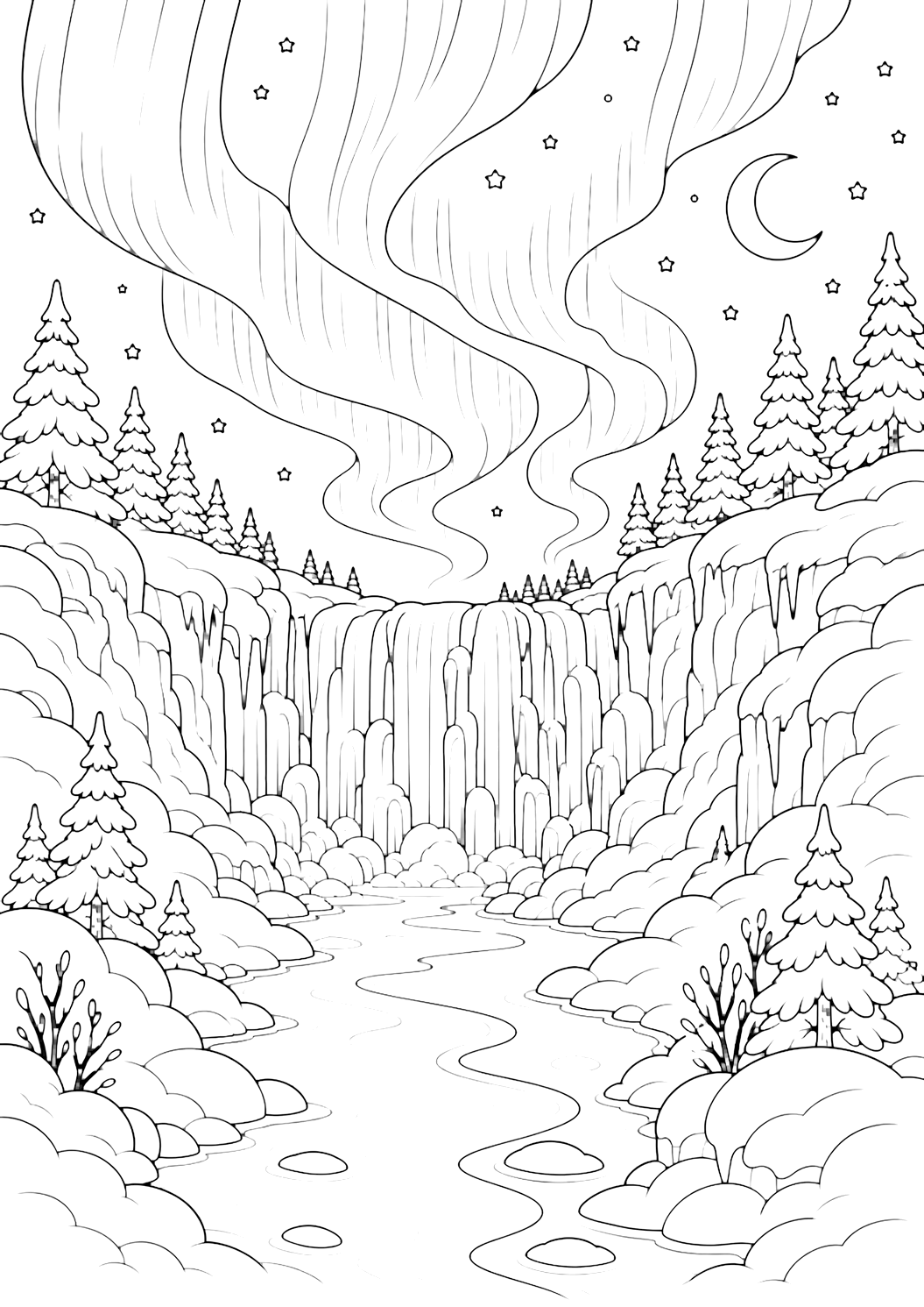 northern lights frozen waterfall valley coloring page with northern lights above a frozen waterfall valley, with broad aurora ribbons in the sky, a frozen waterfall wall in the distance, snowy cliffs, a winding frozen stream, rounded snowbanks, distant pines, moon, and simple stars for kids