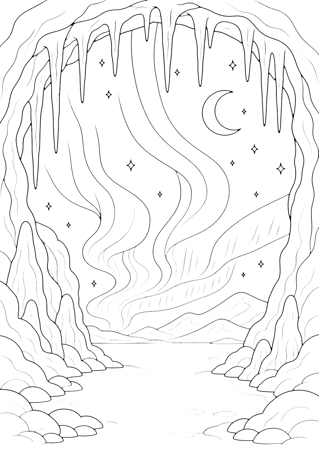 Disegno da colorare con un'aurora boreale con aurora boreale vista da grotta di ghiaccio, ampie fasce nel cielo, paesaggio innevato, luna, stelle e semplici forme naturali. Adatto a bambini, inverno, stampa e colorazione online.