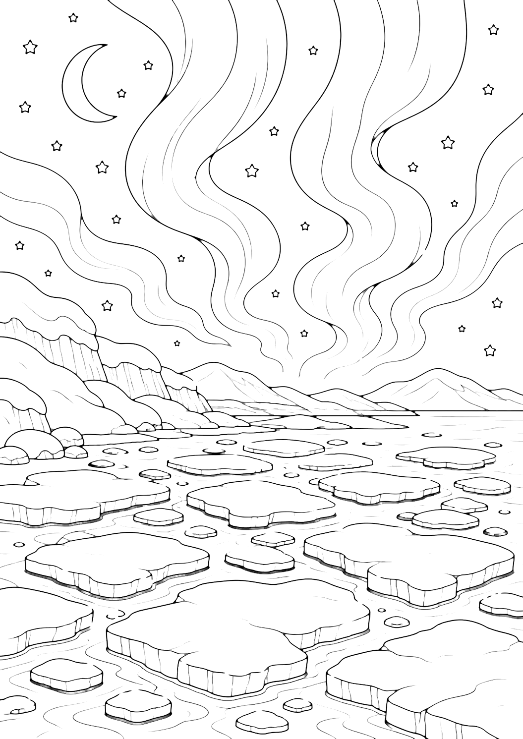 Ausmalbild mit Polarlichter mit polarlicht über Eisschollen, breiten Himmelsbändern, verschneiter Landschaft, Mond, Sternen und einfachen Naturformen. Geeignet für Kinder, Winterthemen, Ausdrucke und Online-Ausmalen.