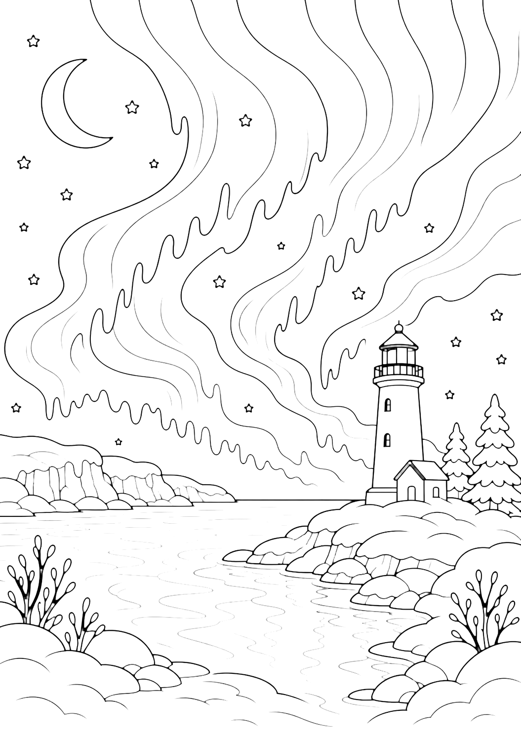 Ausmalbild mit Polarlichter mit polarlicht über Leuchtturm an Schneeküste, breiten Himmelsbändern, verschneiter Landschaft, Mond, Sternen und einfachen Naturformen. Geeignet für Kinder, Winterthemen, Ausdrucke und Online-Ausmalen.