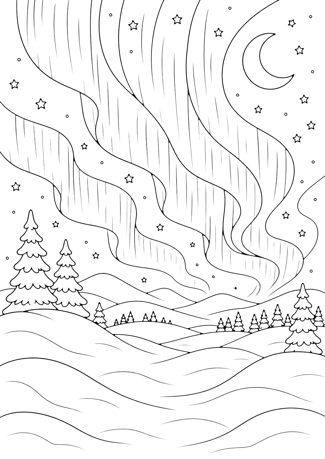 northern lights snow dunes coloring page with northern lights over rolling snow dunes, with broad flowing aurora curtains across the sky, smooth wave-like snowdrifts in the foreground, distant low hills, a few simple pine silhouettes far away, crescent moon, stars, and wide open sky for kids