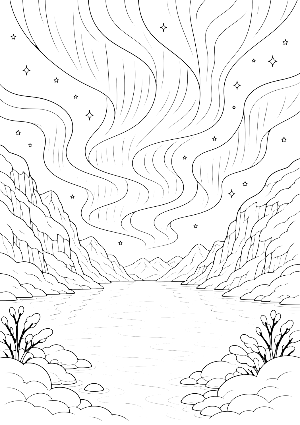 Coloriage avec des aurores boréales avec aurore boréale sur fjord enneigé, de larges bandes dans le ciel, un paysage enneigé, la lune, des étoiles et des formes naturelles simples. Idéal pour enfants, thèmes d'hiver, impression et coloriage en ligne.