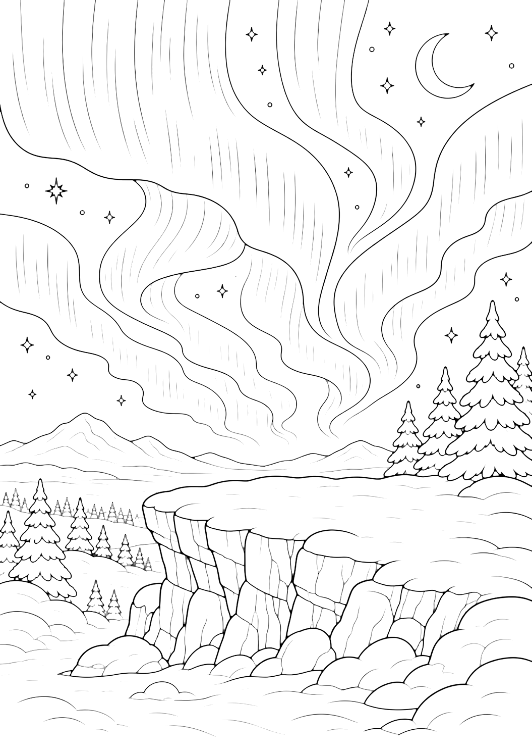 Ausmalbild mit Polarlichter mit polarlicht über verschneitem Plateau, breiten Himmelsbändern, verschneiter Landschaft, Mond, Sternen und einfachen Naturformen. Geeignet für Kinder, Winterthemen, Ausdrucke und Online-Ausmalen.